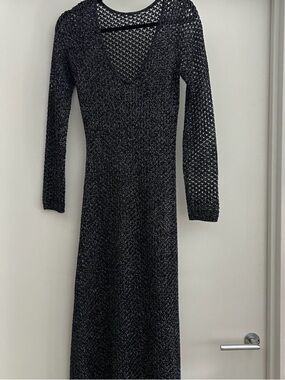 Zara Long Black Open-Knit V-Neck Maxi Dress